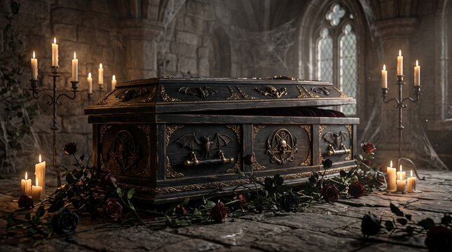 Antique Gothic Coffin in a Dark Stone Crypt with Candles