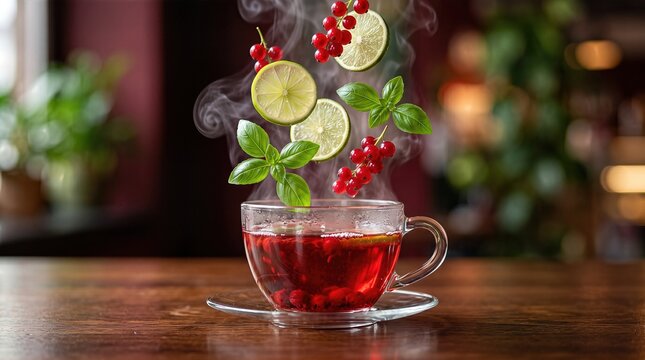 Hot herbal tea in a clear glass cup with floating lime slices, red berries, and fresh basil leaves, set against a blurred background of green plants