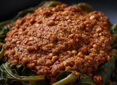 Close up of traditional Indonesian pecel salad with rich savory peanut sauce and fresh green vegetables