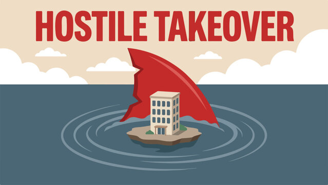 Hostile takeover, aggressive business move, corporate monopoly concept, a giant red shark fin circling around a small flat office building, clean minimal flat vector illustration