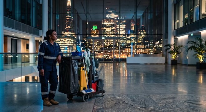 Female cleaner resting with janitorial cart in modern office lobby overlooking illuminated night city skyline