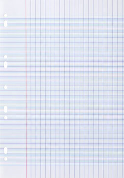Blank white lined A4 paper sheet with grid and punched holes