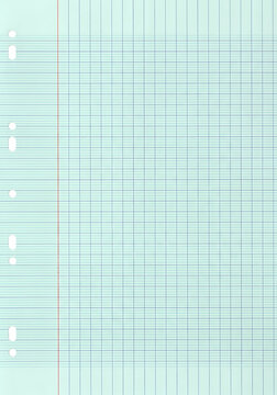 Blank pale mint green lined A4 paper sheet with grid and punched holes