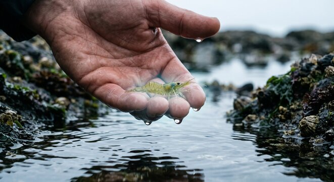 Hand Holding a Small Translucent Glowing Shrimp over a Tide Pool