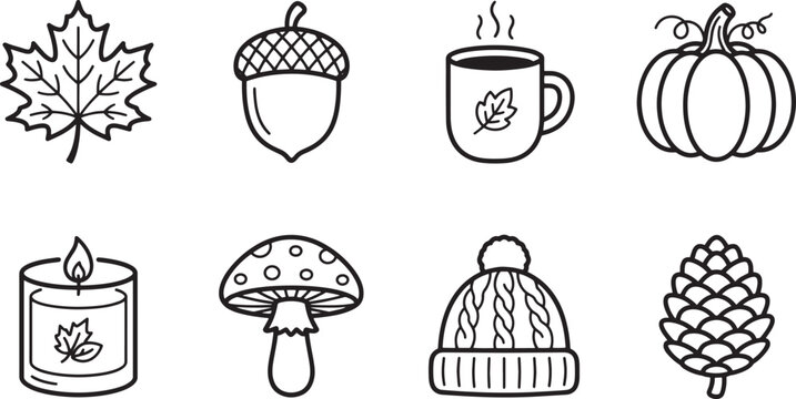 Autumn line art icon set with maple leaf pumpkin acorn hot drink candle mushroom winter hat and pinecone isolated on white background