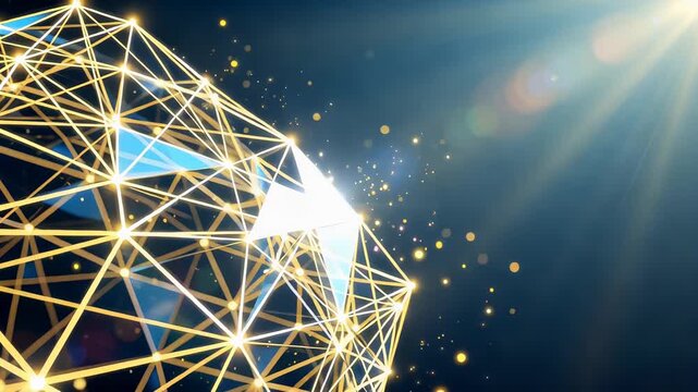 Dynamic blue and gold geometric network sphere with glowing nodes and particles against dark background