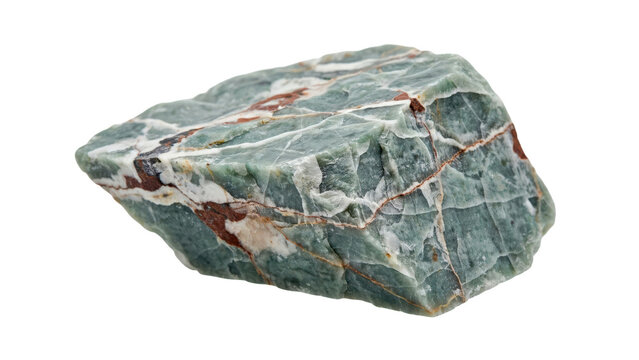 A rough piece of green jasper mineral with white quartz veins and red iron oxide inclusions isolated on a transparent background