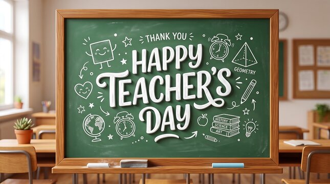 Happy Teacher's Day handwritten chalk lettering displayed on a traditional classroom chalkboard with creative educational doodles like clocks globes books and geometry shapes in white