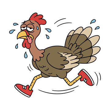 Funny cartoon turkey running in sneakers, sweating and tired for Thanksgiving holiday