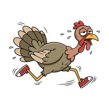 Funny cartoon turkey running away wearing sneakers for Thanksgiving holiday concept