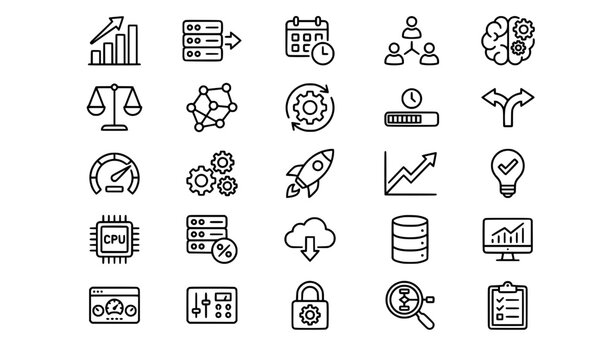 Capacity Management Editable Stroke Line Icon Set for Resource Planning Workload and System Efficiency
