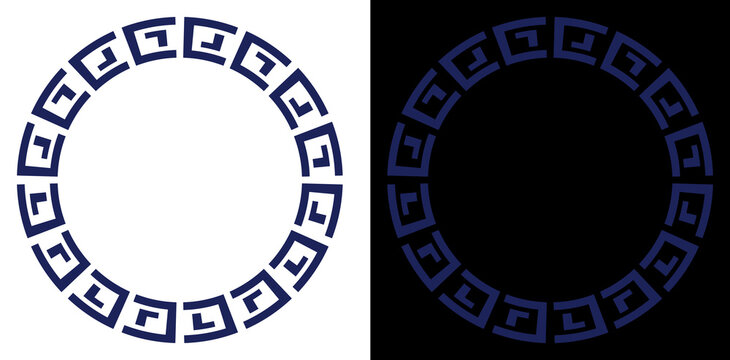 Greek key meander ornamental circular border in indigo blue, transparent background