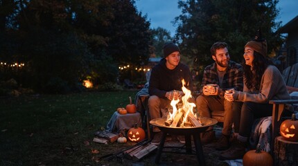 Fototapeta premium Group of friends gathered closely around a warm glowing campfire outdoors at night during a chilly autumn evening, with copy space.