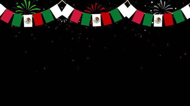 Festive Mexican fiesta background with flag bunting, fireworks and falling confetti on a black background.