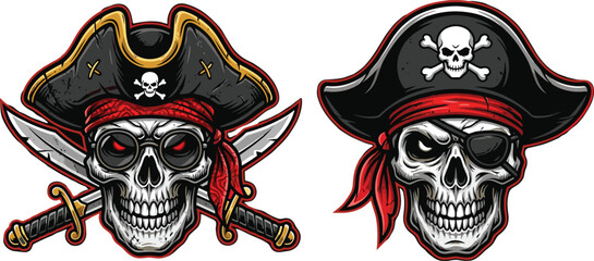 Fototapeta premium Pirate Skulls with Crossed Swords and Tricorne Hats Featuring Skull, Hat