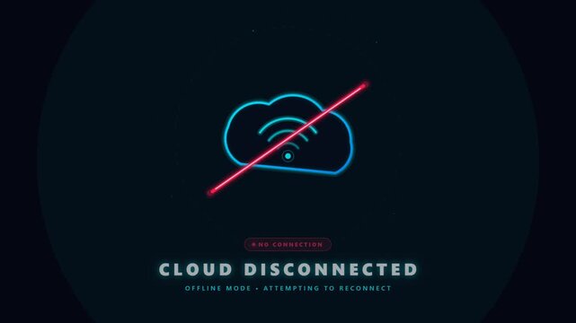 Neon cloud icon with red strike through showing internet connection lost and offline status text on dark background