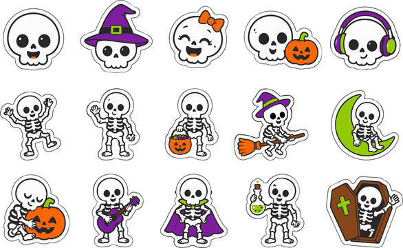 Cute Halloween Skeleton Sticker Collection with Spooky Characters