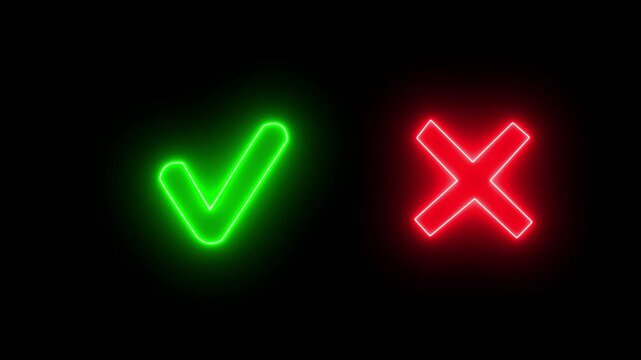 Glowing neon Check Mark and Cross Icon          on Black Background.Tick or check mark and cross mark signs neon icon animation.right and wrong neon icons