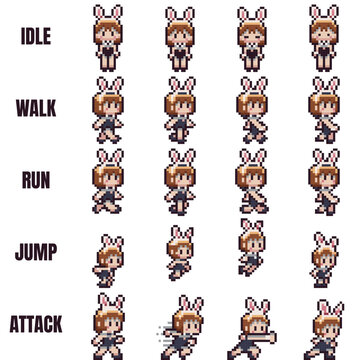 Pixel art 2D game character sprite sheet featuring anime bunny girl animation frames for idle, walk, run, jump, and attack.