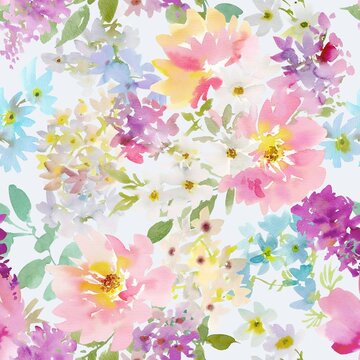 Watercolor Colorful Floral Seamless Pattern with Abstract Hand-Painted Pink Peonies and Wildflowers on a Transparent Background for Fabric, Wedding Invitations, Stationery and Surface Design