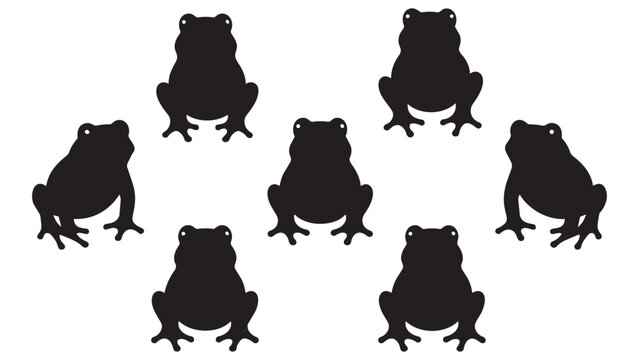 Seven black silhouette frogs in sitting and standing poses