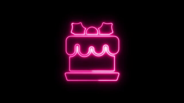 Bright neon pink glowing birthday cake icon on a black background.