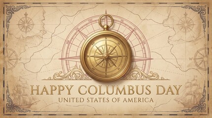 Fototapeta premium Vintage Columbus Day greeting card, antique nautical compass on old map background, historical discovery theme for United States of America