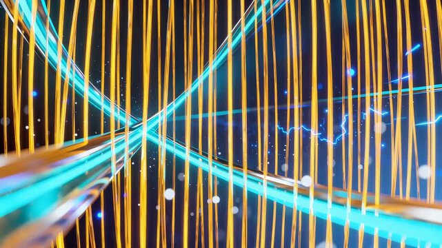 Abstract digital animation with intersecting teal and gold lines against a dark background with floating particles and blue electrical arcs