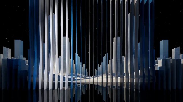 Futuristic cityscape with blue and white skyscrapers, reflective water, and vertical light bars transitioning from day to night
