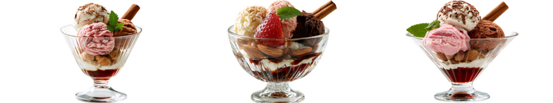 Three delicious ice cream sundaes with various toppings isolated on transparent background