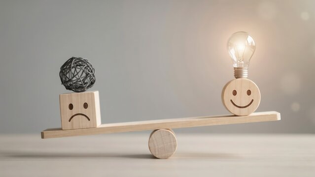 A wooden seesaw balances a sad face block against a smiling block with a glowing lightbulb. Great for mental health and positive thinking concepts.
