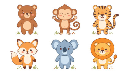 Obraz premium Cute baby animals vector character collection featuring adorable cartoon bear monkey tiger fox koala and lion isolated design elements