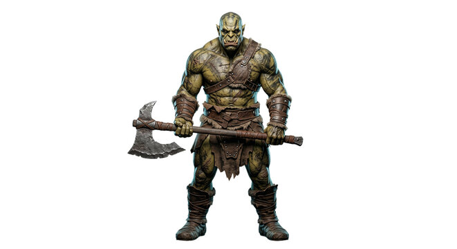 Centered full body shot of a hyper-realistic savage green-skinned warrior monster with an axe isolated on a transparent background.