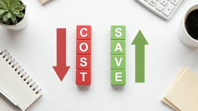 Cost and save text on colorful blocks with arrows on white background. Perfect financial planning concept for business strategy presentations.