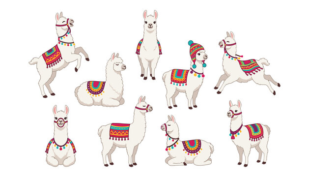 Cute llama and alpaca cartoon character vector collection featuring various poses with colorful traditional saddle blankets isolated on white background