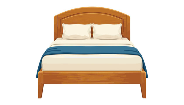 Comfortable double bed vector illustration featuring wooden headboard frame soft white pillows and blue blanket isolated on white background