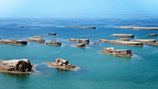 Aerial view of water yardang formations in a turquoise lake in Qinghai, China