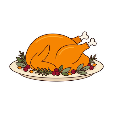 Roasted Thanksgiving turkey on a platter with herbs and cranberries vector illustration
