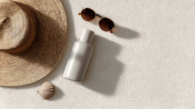 Summer vacation flat lay with straw hat sunglasses sunscreen bottle and seashell