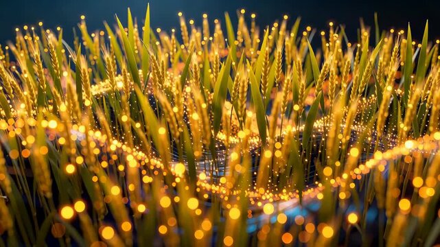 Digital animation of wheat field transitioning from green to golden harvest, with glowing particle waves overlaying the crop