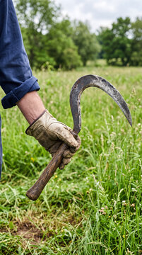 Farm Worker Holding Traditional Sickle in Agricultural Field