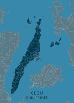 Deep teal and oceanic blue map of Cebu, Philippines, showcasing Cebu City, Mandaue, Mactan Island, Ta&ntilde;on Strait, and the island's narrow coastal corridor.
