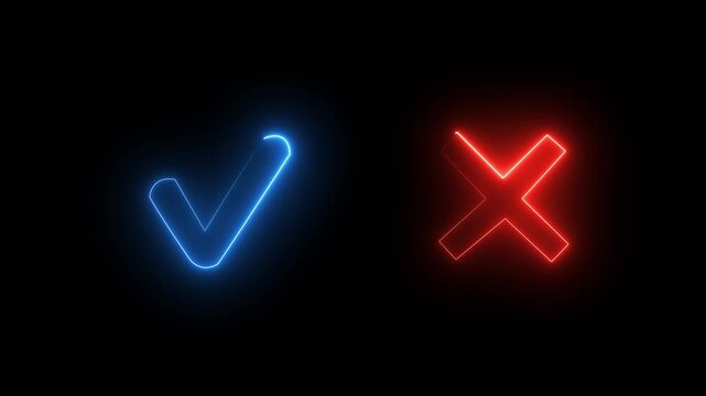 Glowing neon Check Mark and Cross Icon on Black Background. Tick or check mark and cross mark signs neon glow icon animation .right and wrong neon 4k motion animation