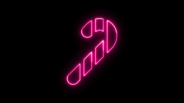 Bright glowing pink neon candy cane shape isolated on black background.