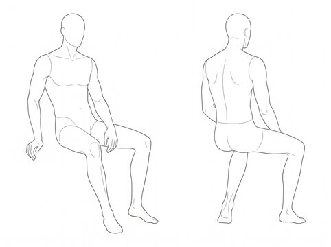 Seated Male Human Figure Reference Showing Front and Rear Views With Relaxed Legs and Natural Upright Sitting Posture