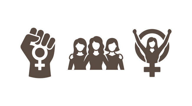 Feminism symbol icons featuring a raised fist with female sign a group of women a female empowerment emblem feminism empowerment equality sisterhood illustration