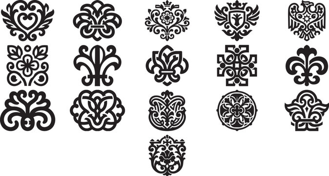 Collection of ornate black vintage emblems and monograms for decorative design.