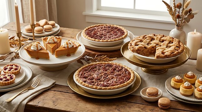 Assorted autumn pies and desserts served on a rustic wooden dining table for a thanksgiving celebration