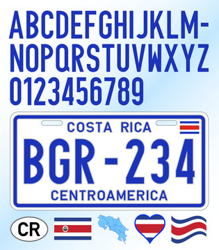 Costa Rica car plate pattern, Central America, numbers, letters and symbols, vector illustration