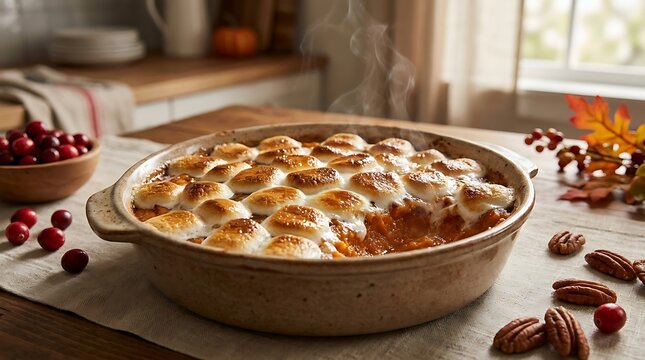 Freshly baked sweet potato casserole topped with toasted marshmallows in a rustic stoneware baking dish for Thanksgiving dinner